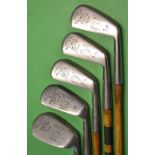 Set of 5x 'Bee-Line' matching irons to include a 1, 2 & 3 iron, a 6 iron and 9 iron (niblick with