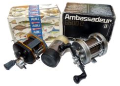 REELS: (2) Abu Ambassadeur 6500 C multiplying reel, 3 screw smooth silver end plates, twin black