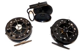 REELS: (3) Pair of Mordex Sheffield Aerial style pressed metal Centrepin reels, 4.5" diameter,