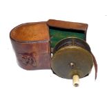 REEL & CASE: Bowness & Bowness Maker 230 Strand London brass salmon plate wind reel, 3.5"