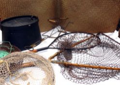 ACCESSORIES: Fine decorative bamboo handled  landing net with 18" wood folding arms, brass hinged