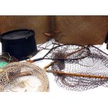 ACCESSORIES: Fine decorative bamboo handled  landing net with 18" wood folding arms, brass hinged