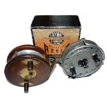 REELS: (2) Slater mahogany/brass combination Nottingham wood reel, 4" diameter, 3 screw latch,