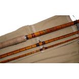 ROD: T V Barfield of Birmingham 14'6" 3 piece split cane salmon fly rod, burgundy close whipped