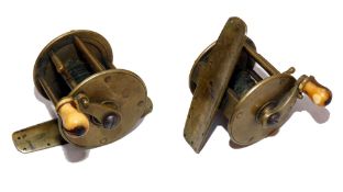 REEL: Early all brass pin stop winch, 1.5" diameter, 1.75" wide, sliding pin stop on pillar