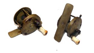 REEL: Early brass pin stop multiplier winch, 1.75" diameter, 1.5" wide, off set curved crank arm,