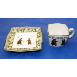 PORCELAIN: Isaac Walton ware 3" square cup and matching 5.25" dia. saucer, both with anglers by