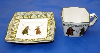 PORCELAIN: Isaac Walton ware 3" square cup and matching 5.25" dia. saucer, both with anglers by