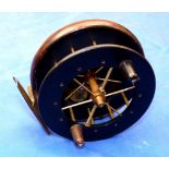 REEL: Fine ebonite/wood Allcock Coxon Aerial reel, 4.5" diameter wide drum model, twin horn handles,