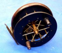 REEL: Fine ebonite/wood Allcock Coxon Aerial reel, 4.5" diameter wide drum model, twin horn handles,