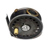 REEL: Early Hardy St George 3-3/8" alloy trout fly reel, white handle ventilated face, 3 screw