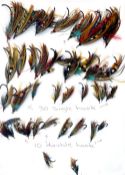 FLIES: Collection of 43 gut eye salmon flies, ranging in size 1"-3", assorted classic patterns,