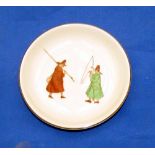 PORCELAIN: Royal Doulton England 4" shallow dish, 2 hand painted anglers on cream base with gilt