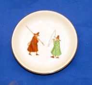 PORCELAIN: Royal Doulton England 4" shallow dish, 2 hand painted anglers on cream base with gilt