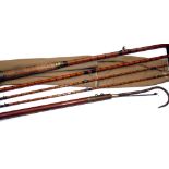 ROD, GAFF & ROD CASES: (4) JJS Walker Bampton 12'6" 3 piece with correct spare tip split cane salmon