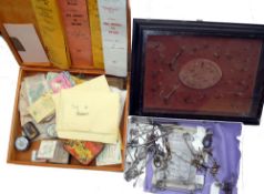 ACCESSORIES: Framed and glazed display of vintage bronzed ring treble hooks of all sizes, a box of