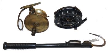 REELS & GAFF: (3) Malloch Patent 4" all brass side casting reel, horn handle, twisting foot with