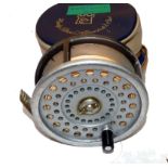 REEL & CASE: (2) Hardy Marquis Salmon No.2 alloy fly reel, black handle, 2 screw latch,  correct