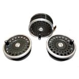 REEL & SPOOLS: (3)  Hardy Marquis salmon No.2 alloy fly reel, black handle, correct ribbed brass