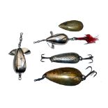 LURES: (5) Allcock  2.5" glass eyed Norwich spoon, gilt scale finish, red half under belly with