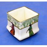 PORCELAIN: Isaac Walton ware 2.5" diameter square pot with 4 anglers by Noke, back stamp "2707"