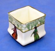 PORCELAIN: Isaac Walton ware 2.5" diameter square pot with 4 anglers by Noke, back stamp "2707"