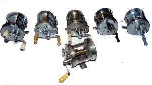 REELS: (6) Collection of USA bait casting multiplier reels, Meisselbach Tripart 580 reel, end plates