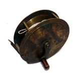 REEL: Scarce early Scottish pattern all brass narrow drum salmon crank wind winch, 4.5" diameter,