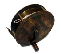 REEL: Scarce early Scottish pattern all brass narrow drum salmon crank wind winch, 4.5" diameter,