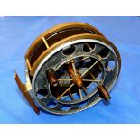 REEL: Fine early Allcock 4.5" diameter Aerial Centrepin reel, 8 large holes and Patent stamped to