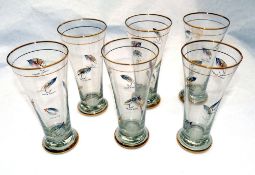 DRINKING GLASSES: (6) Collection of 6 gilt rimmed drinking tumbler glasses, each printed with