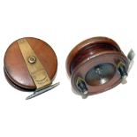 REEL: Rare J Atherton of Sheffield shallow drum mahogany wood and brass reel, 3.75" diameter, twin