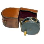 REEL & CASE: Rare Hardy Perfect 2 7/8" alloy trout fly reel with 1912 check,  good smoke agate