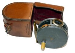 REEL & CASE: Rare Hardy Perfect 2 7/8" alloy trout fly reel with 1912 check,  good smoke agate