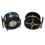 REEL: Ex rare Slater pattern ebonite and German silver wide drum trotting reel, 3 screw nickel latch