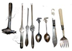 PLATED TABLE WARE: Assortment of EP Silver ware, incl. sardine or anchovy tongs, three lobster