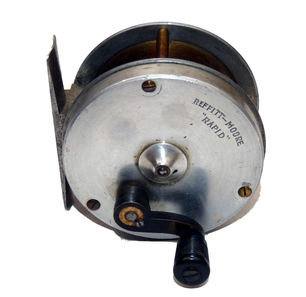 REEL: Fine and rare Reffitt-Moore Rapid alloy geared multiplier reel, 2.6" diameter casing, curved