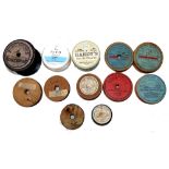 LINE SPOOLS: (12) Twelve assorted Hardy line spools, 10 x wood, 2 x plastic, examples incl. Lion