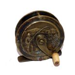 REEL: Heaton's fishing scene all brass crank wind reel, 2.5" diameter, scarce narrow drum version,