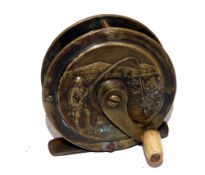 REEL: Heaton's fishing scene all brass crank wind reel, 2.5" diameter, scarce narrow drum version,