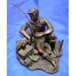 BRONZE FIGURE: Cast bronze figure of a fisherman reclining having a cuppa? By Cellini Arts, figure