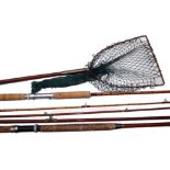 RODS & LANDING NET: (3) West Mid 9' 2 piece split cane salmon spinning rod, agate butt/tip guides,