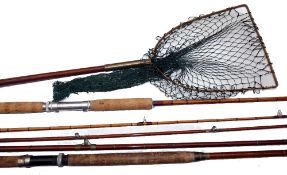 RODS & LANDING NET: (3) West Mid 9' 2 piece split cane salmon spinning rod, agate butt/tip guides,