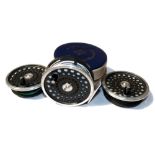 REEL & SPOOLS: (3) Hardy Marquis 8/9 alloy trout fly reel in fine condition, black handle, U