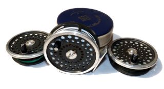 REEL & SPOOLS: (3) Hardy Marquis 8/9 alloy trout fly reel in fine condition, black handle, U