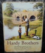 METAL SIGN: Reproduction enamel on metal sign, Hardy Brothers showing young and old anglers on