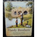 METAL SIGN: Reproduction enamel on metal sign, Hardy Brothers showing young and old anglers on