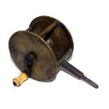 REEL: Early spike fitting brass winch, 3" diameter, 2" wide, serpent crank arm, turned ivory handle,