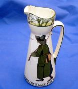 PORCELAIN: Royal Doulton Isaac Walton ware 8" tall shaped jug with handle, 2 anglers by Noke, legend