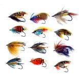 SALMON FLIES: (12) Collection of 12 traditional classic gut eye salmon flies tied by Eddy Cublin,